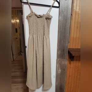 H&M Smocked Sun Dress Flowy Botton Skirt Beige Neutral Med Midi Earthy